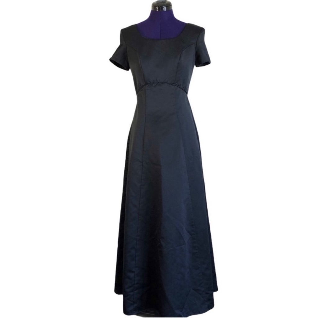 Black Satin Short Sleeve Maxi Dress